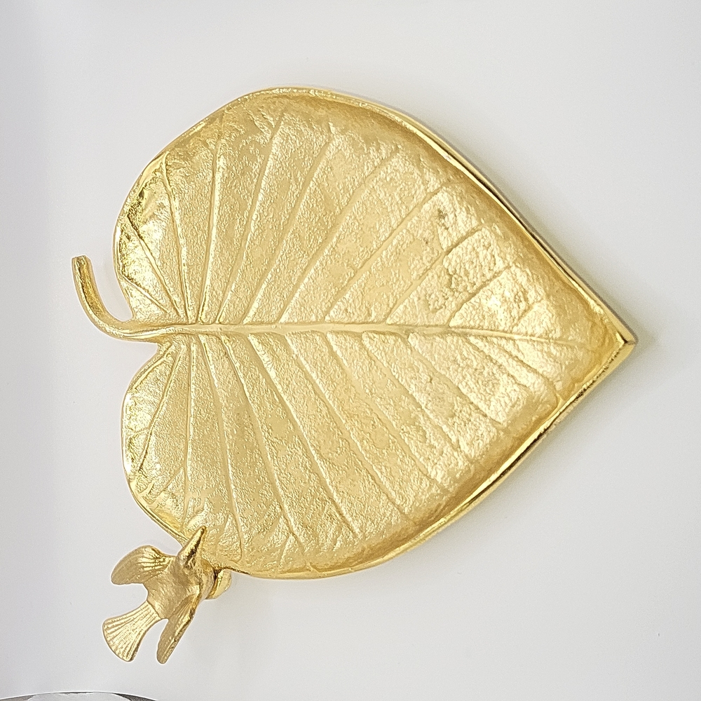 Gold Metal Leaf Dish with Hummingbird. Footed Bottom.